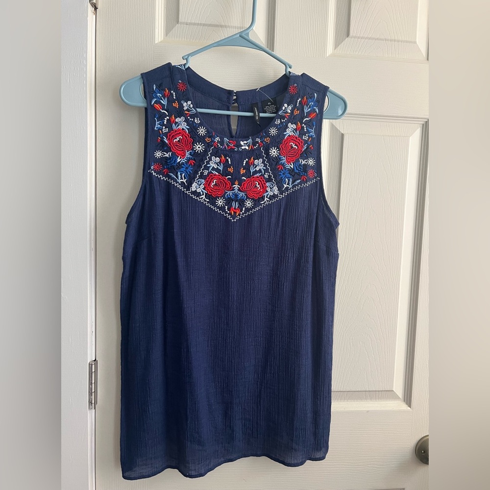 new directions Navy Sleeveless Tank with Red Floral Embroidery